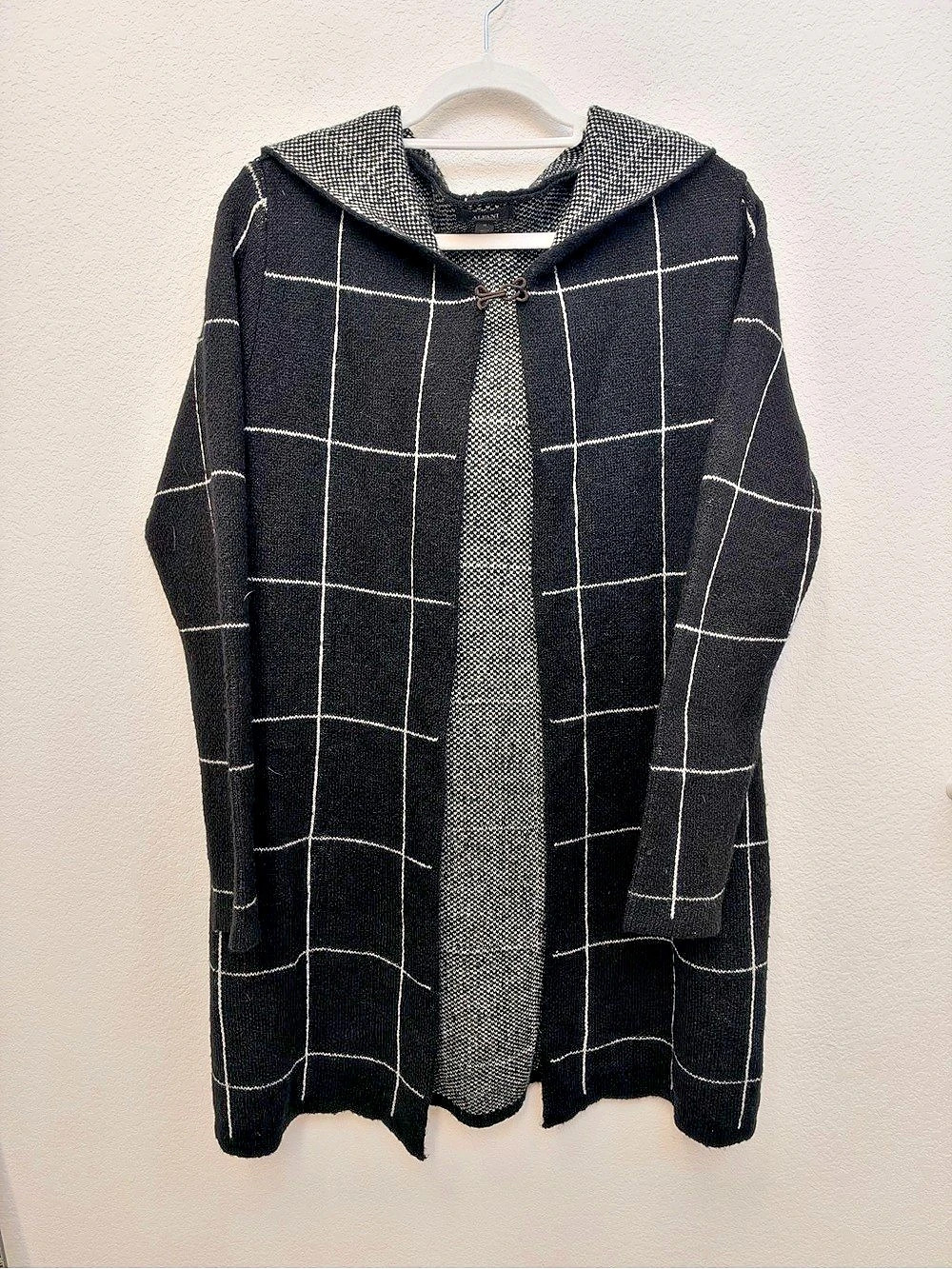 ALFANI Hooded Grid Print Open Front Cardigan Sweater Black & White Medium